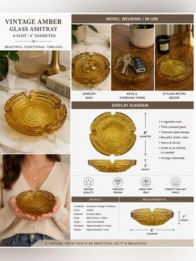 Vintage Amber Glass 4 Slot Ashtray Textured Ripple Round Mid Century 4" Catchall